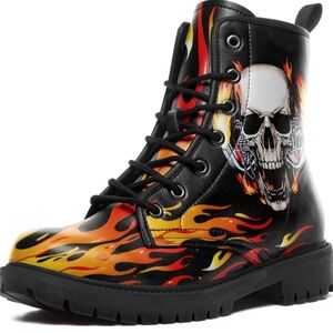 Flame Skull Black Combat Boots